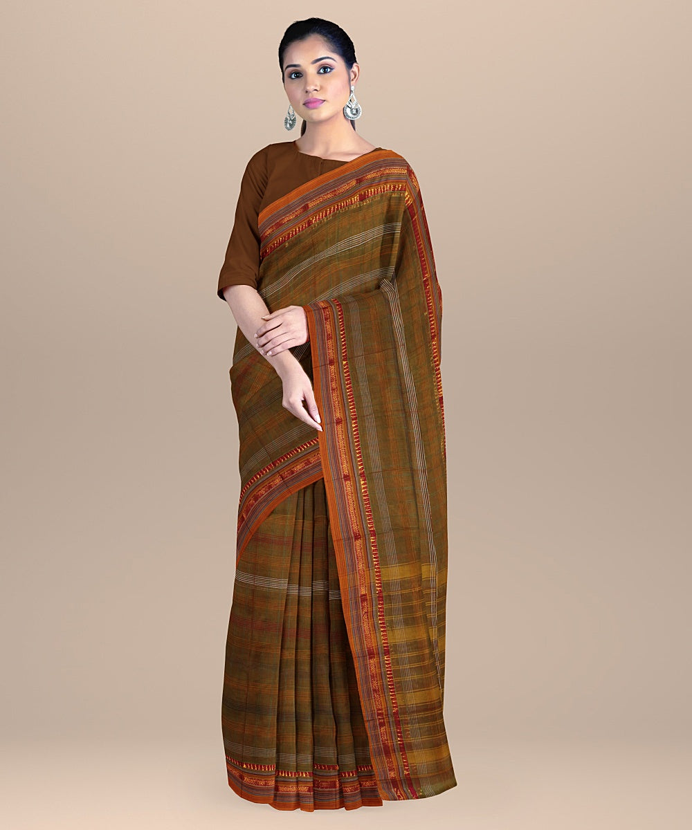 Brown orange handwoven narayanapet cotton saree