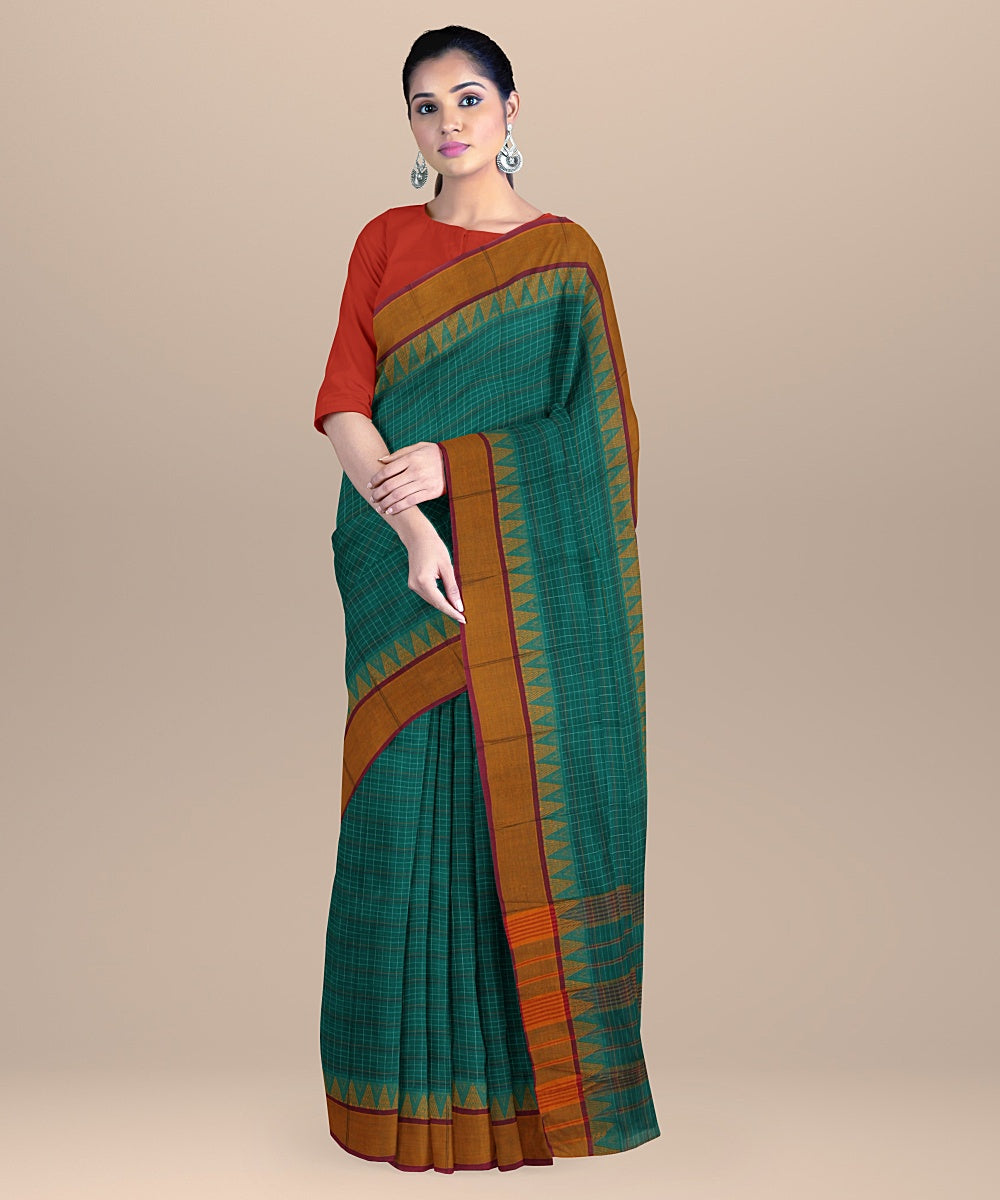 Dark green orange handwoven narayanapet cotton saree