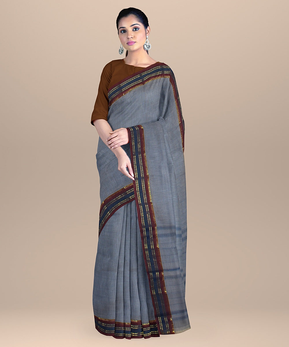 Grey maroon handwoven narayanapet cotton saree