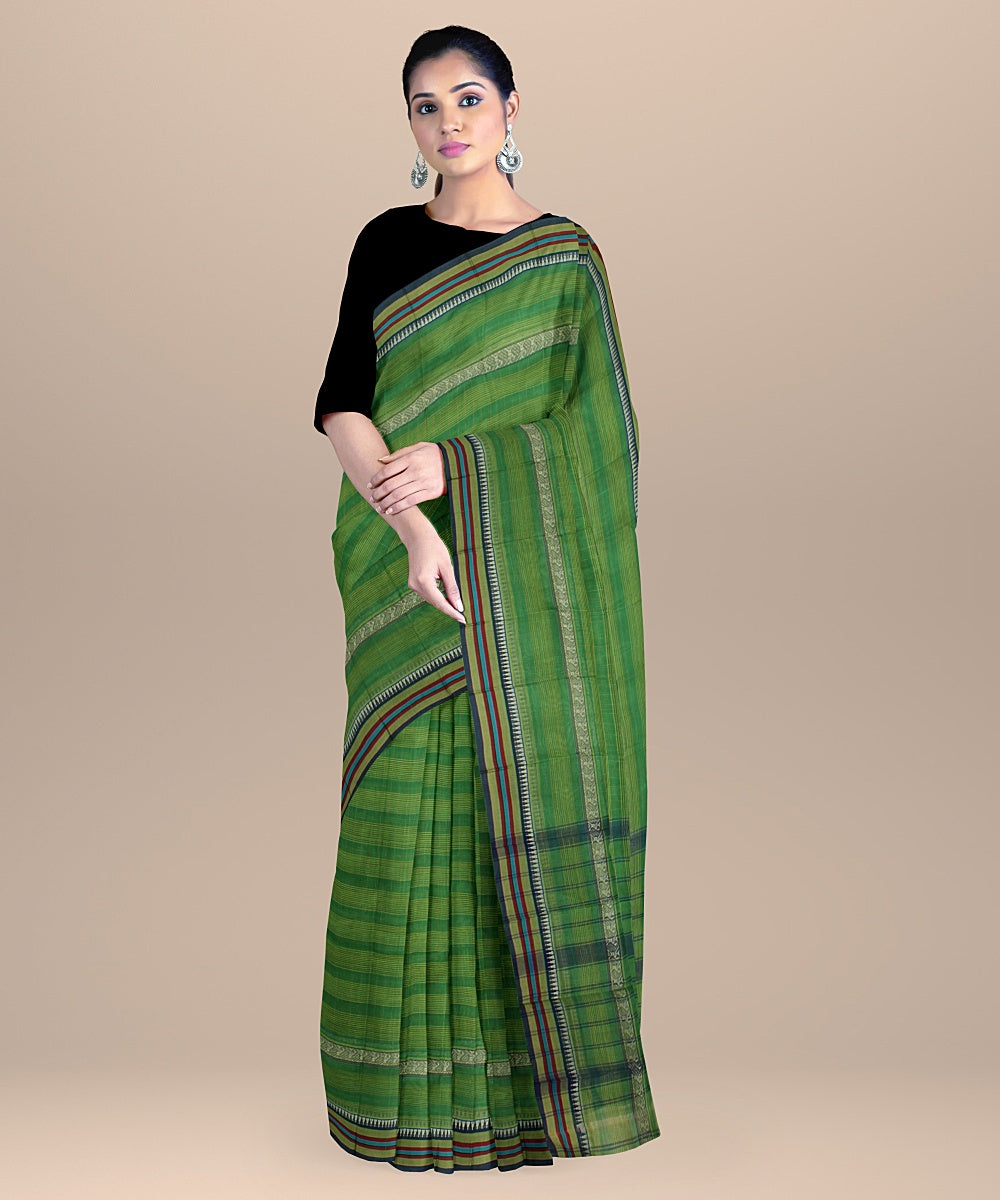 Light green striped handwoven narayanapet cotton saree