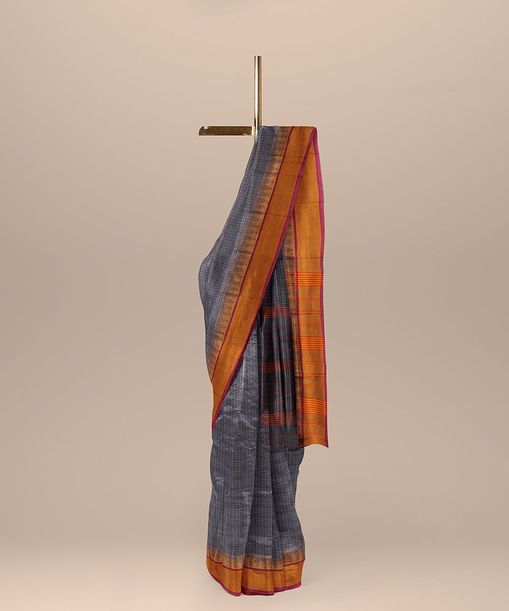 Grey yellow handwoven narayanapet cotton saree