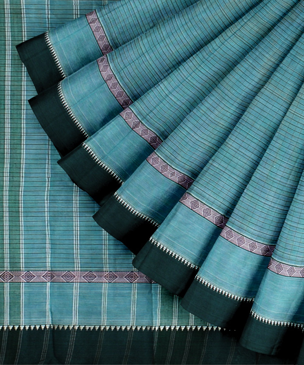 Cyan blue dark green cotton handwoven narayanapet saree