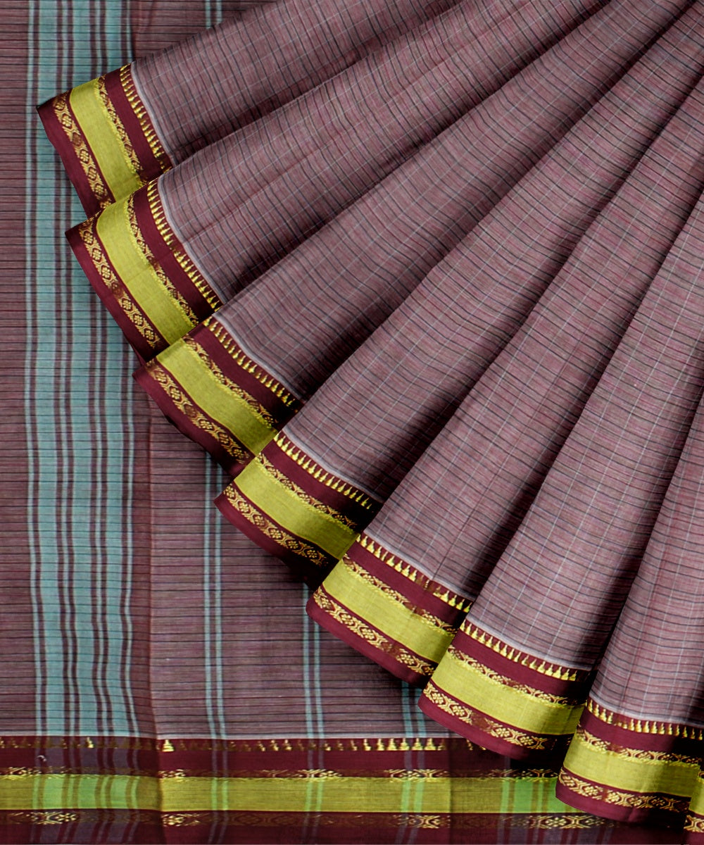 Mauve maroon lime cotton handwoven narayanapet saree