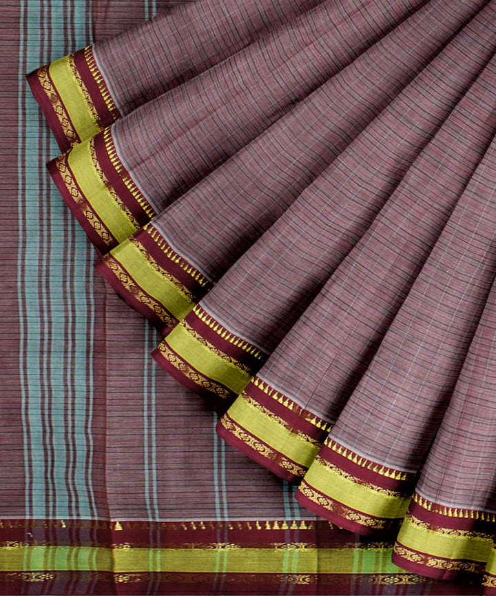 Mauve maroon lime cotton handwoven narayanapet saree