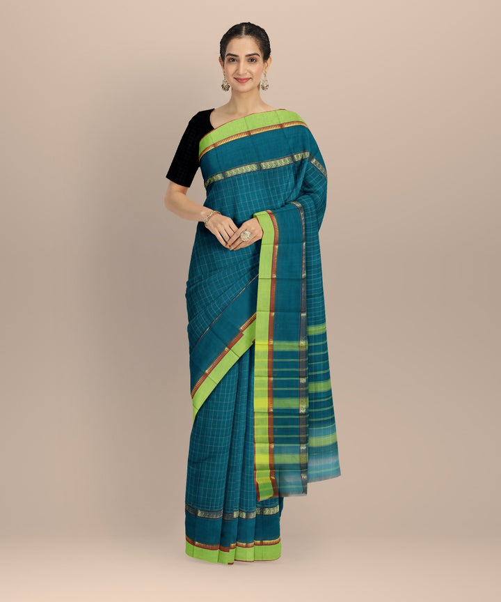 Dark green light green cotton handwoven narayanapet saree