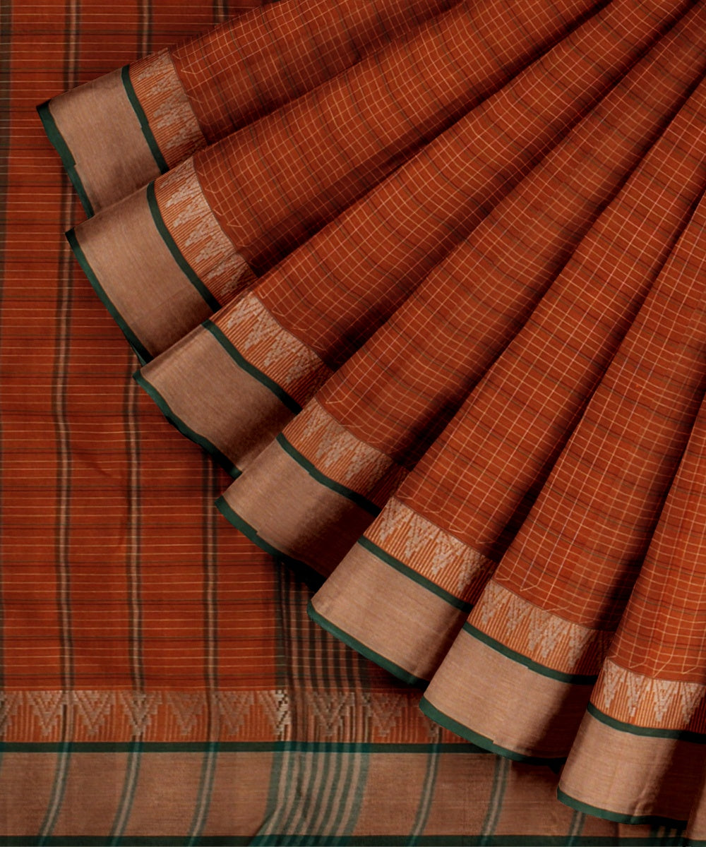 Rust checked cotton handwoven narayanapet saree