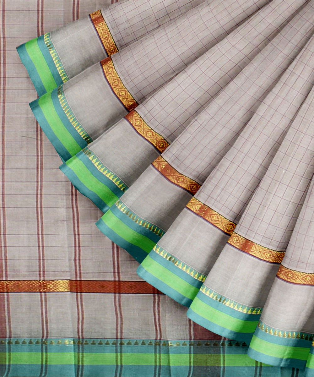 Off white light green cotton handwoven narayanapet saree