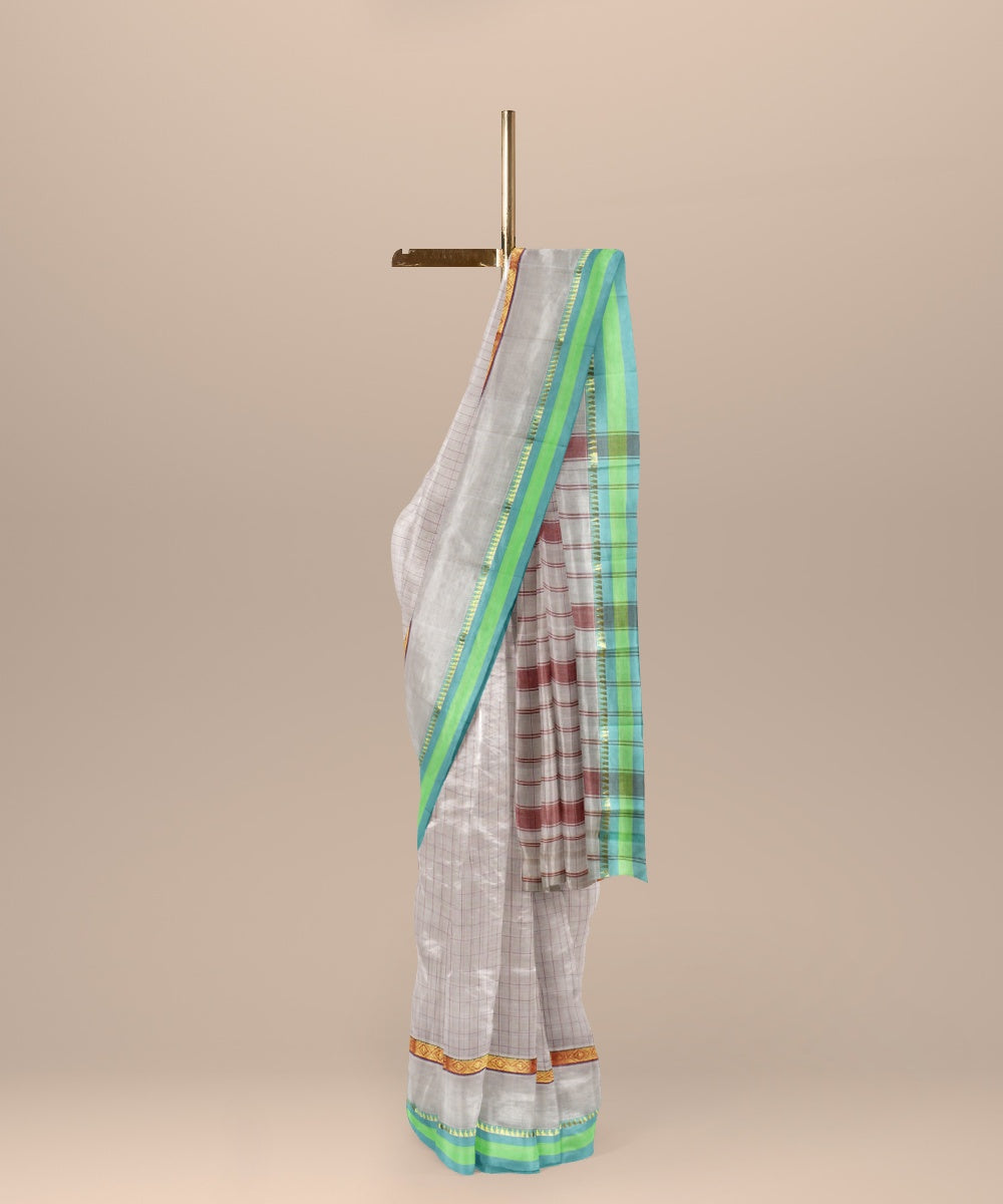 Off white light green cotton handwoven narayanapet saree