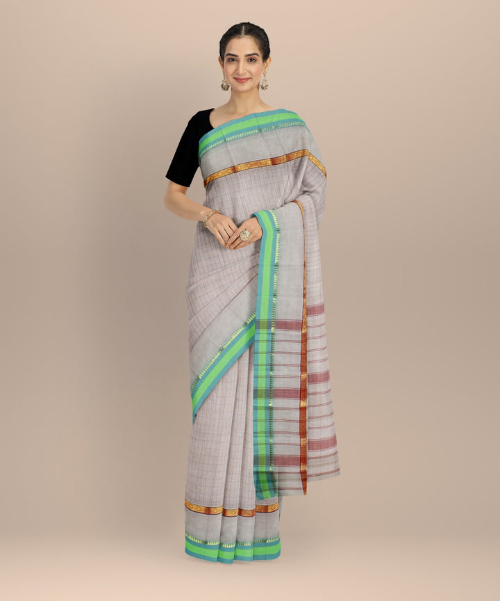 Off white light green cotton handwoven narayanapet saree