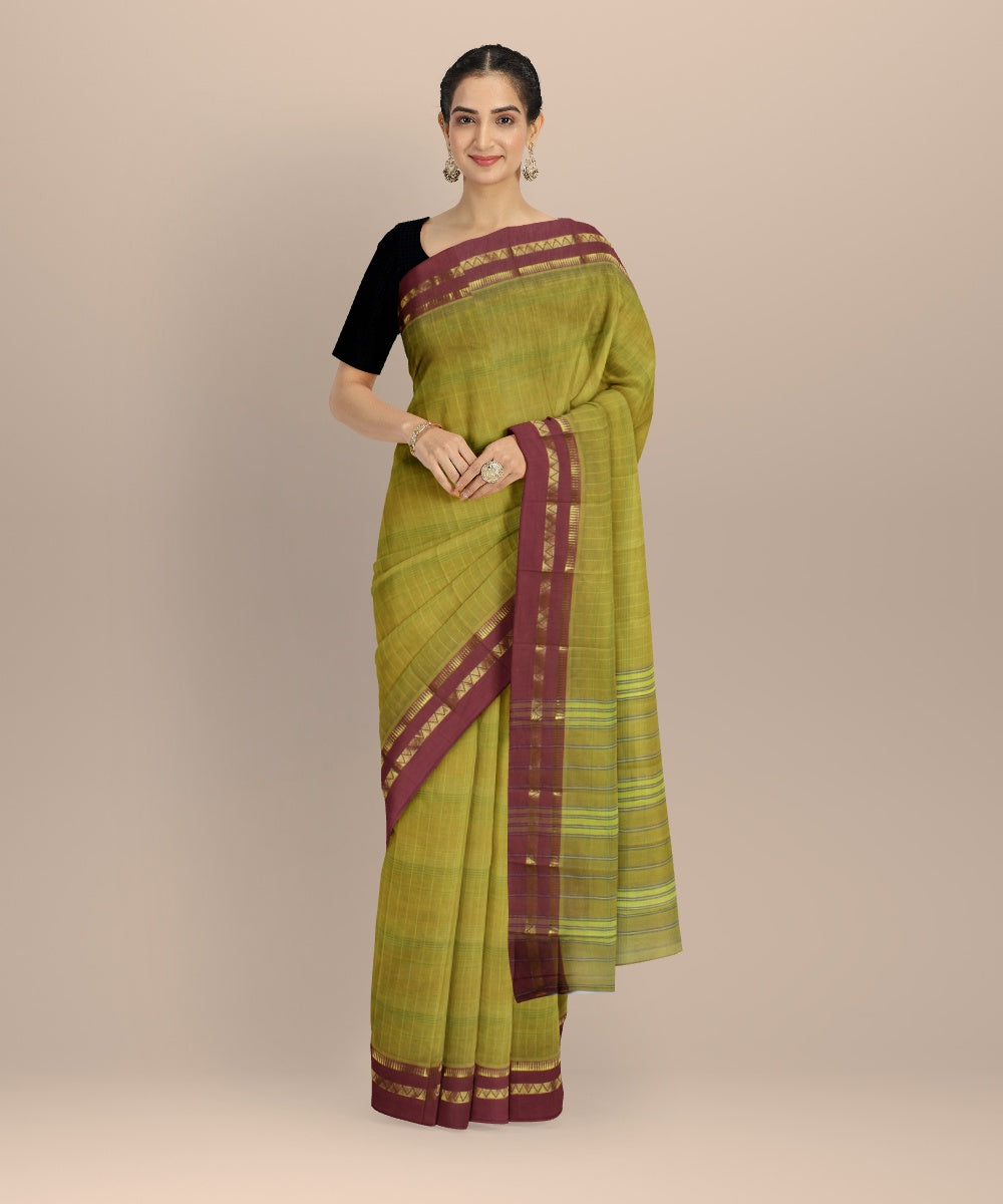 Olive green cotton handwoven narayanapet saree