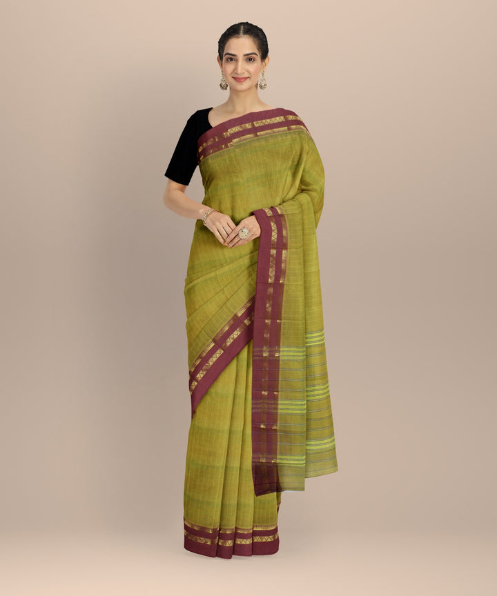 Olive green cotton handwoven narayanapet saree