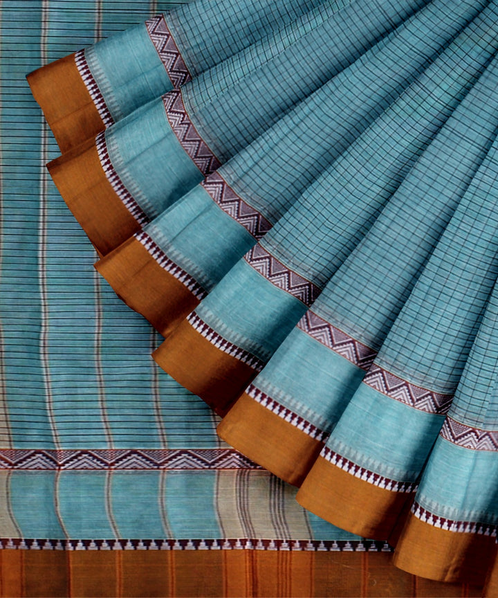 Light blue brown cotton handwoven narayanapet saree