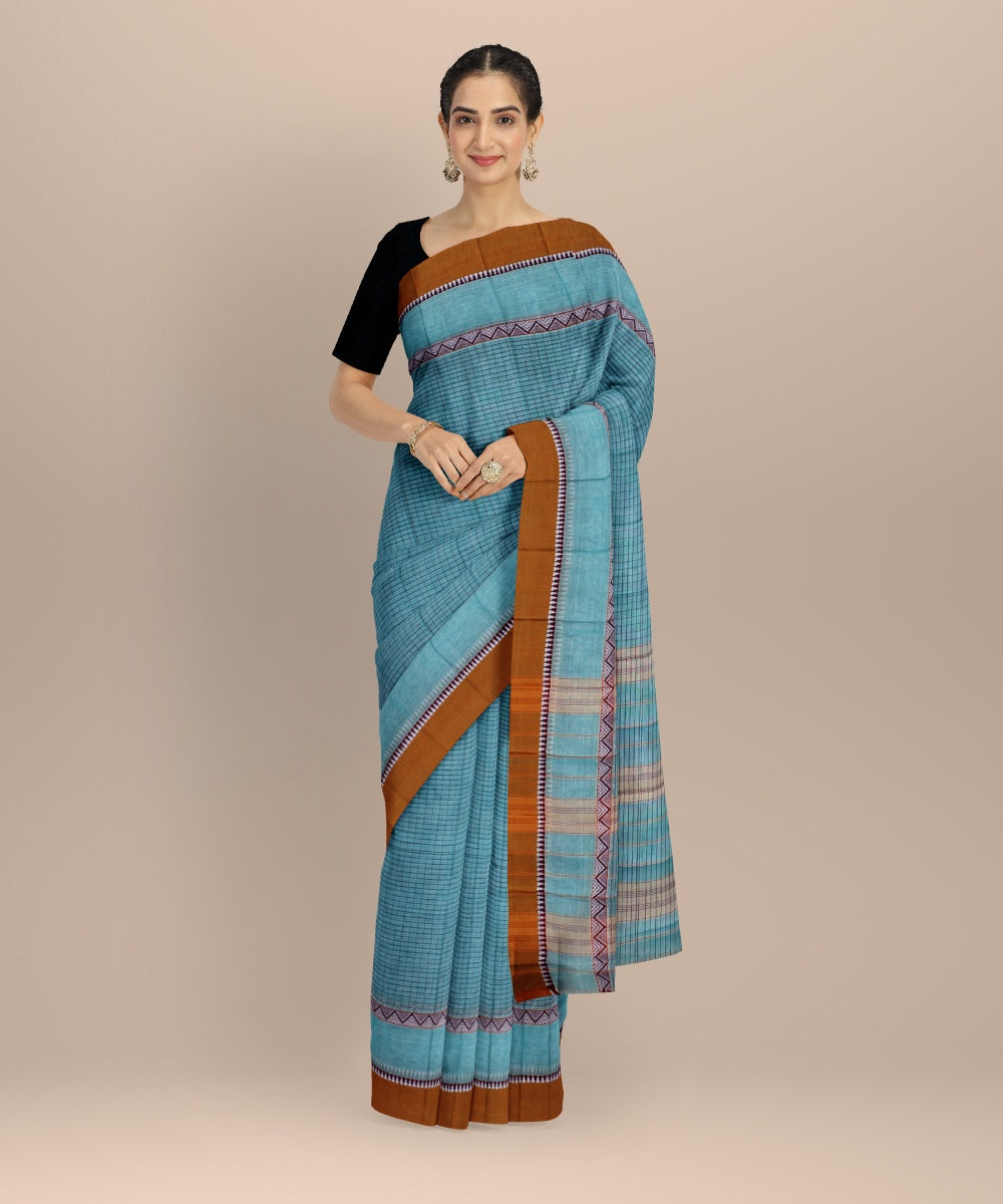 Light blue brown cotton handwoven narayanapet saree