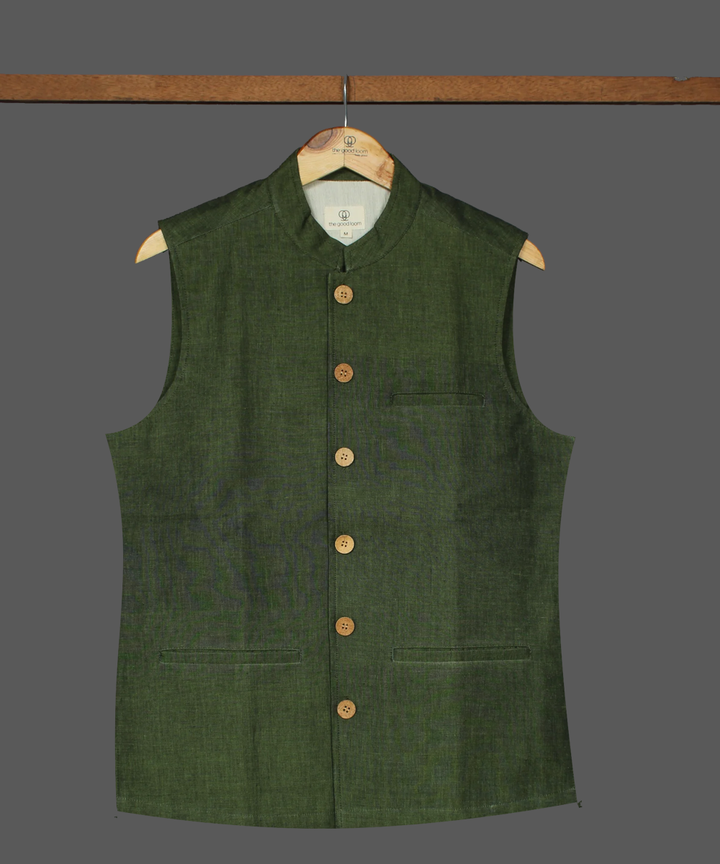 Green handwoven cotton sleeveless bundi