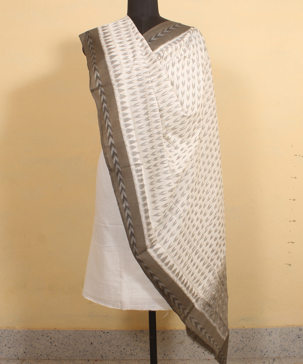 White deep olive handwoven cotton sambalpuri dupatta