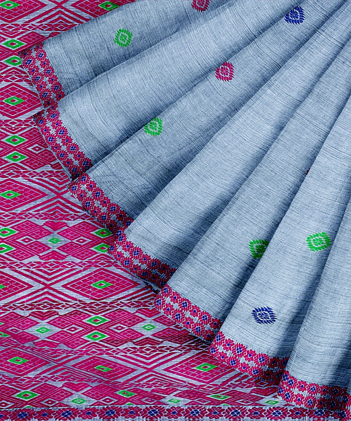 Greyish blue pink cotton handloom assam saree