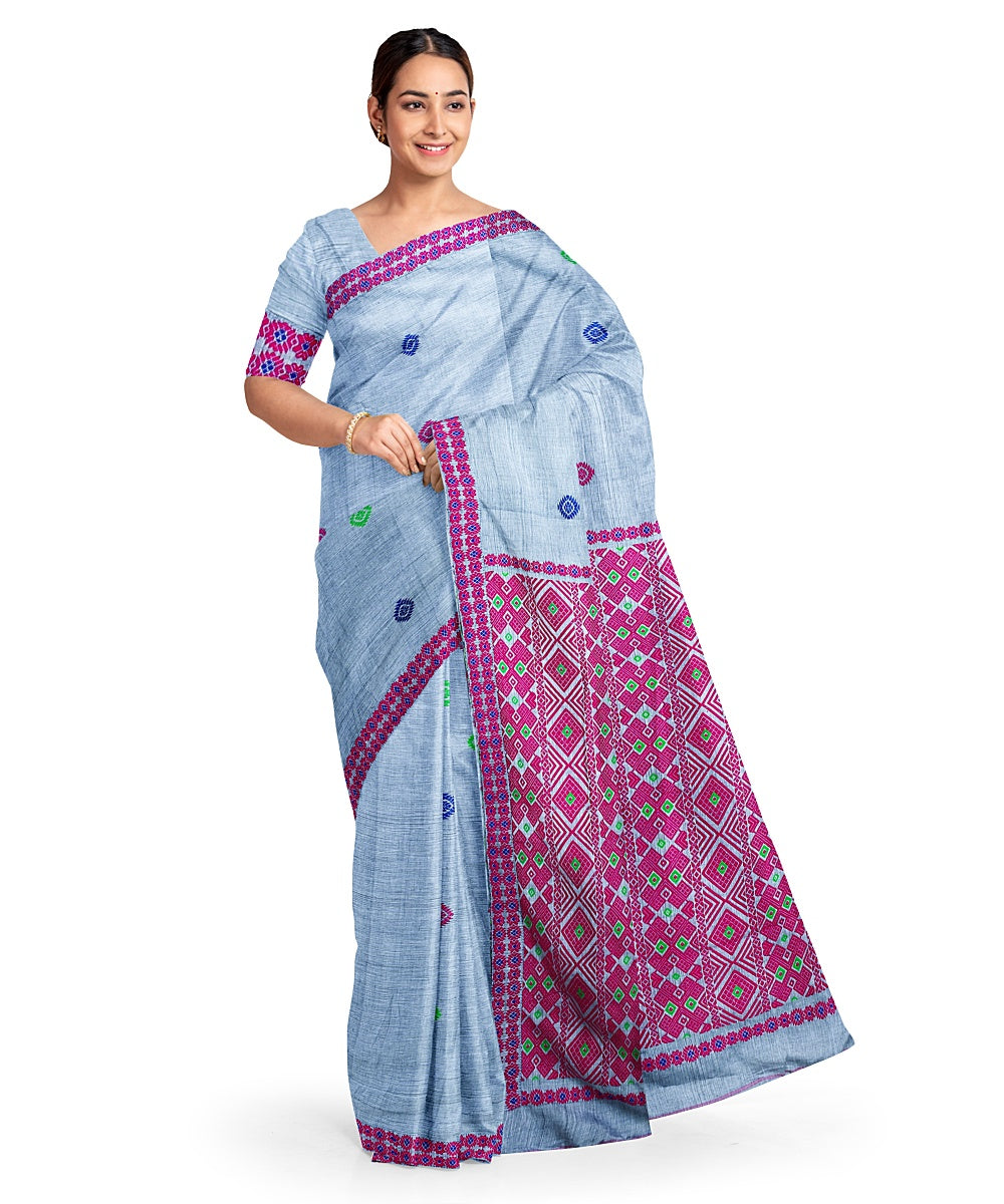 Greyish blue pink cotton handloom assam saree