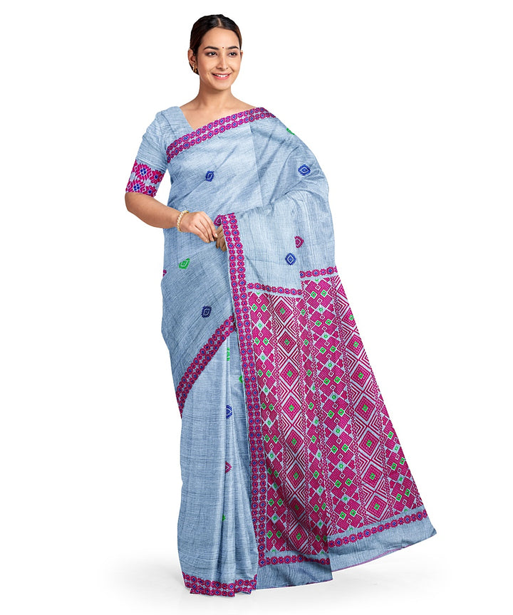 Greyish blue pink cotton handloom assam saree