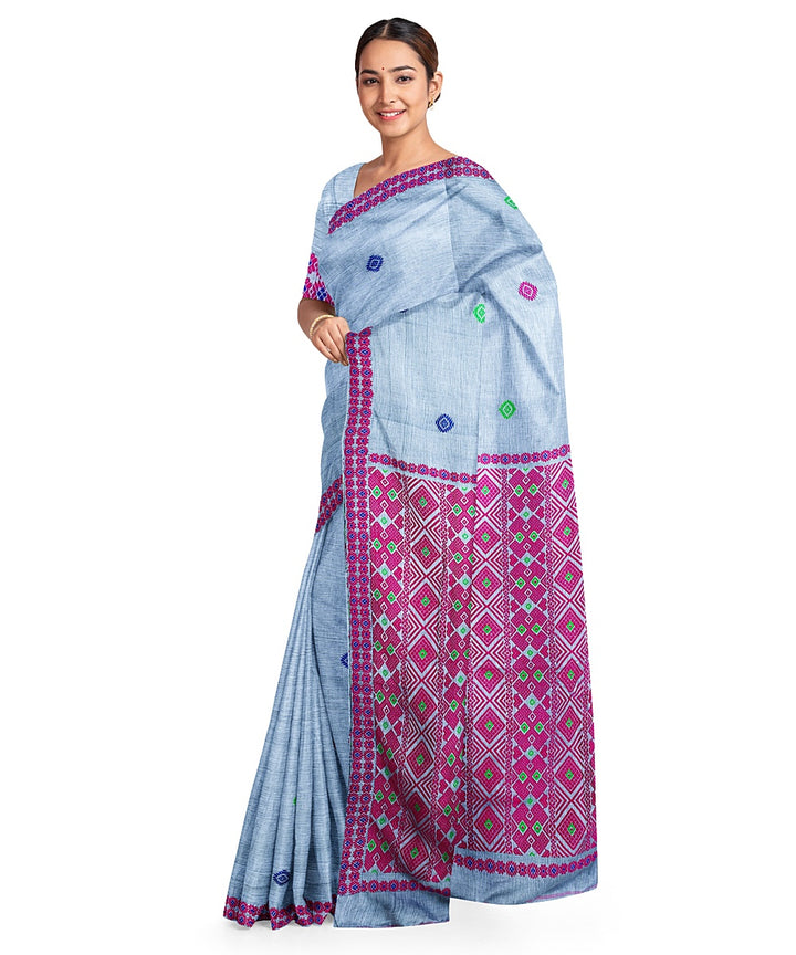 Greyish blue pink cotton handloom assam saree