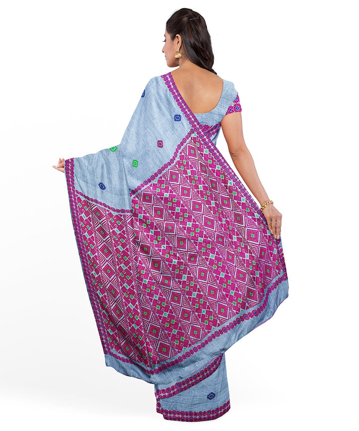 Greyish blue pink cotton handloom assam saree