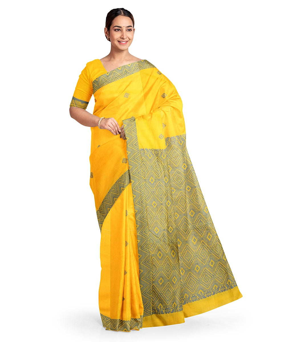 Yellow grey handloom assam cotton saree