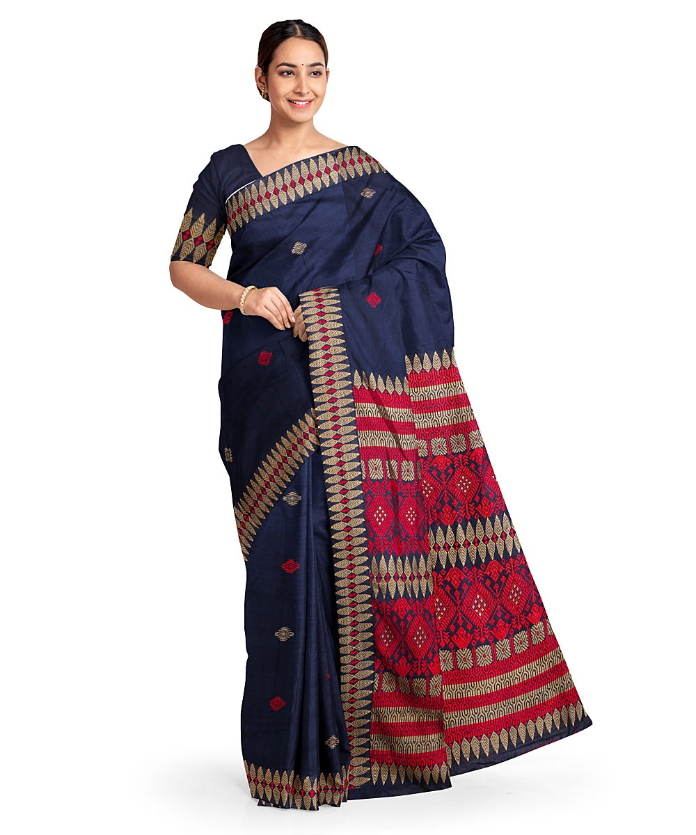 Navy blue red cotton handloom assam saree