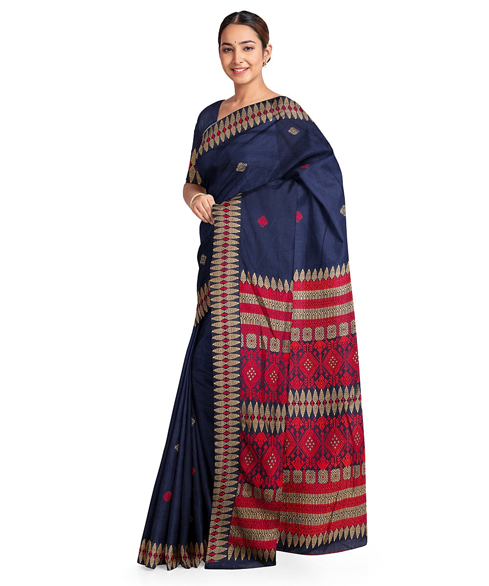 Navy blue red cotton handloom assam saree