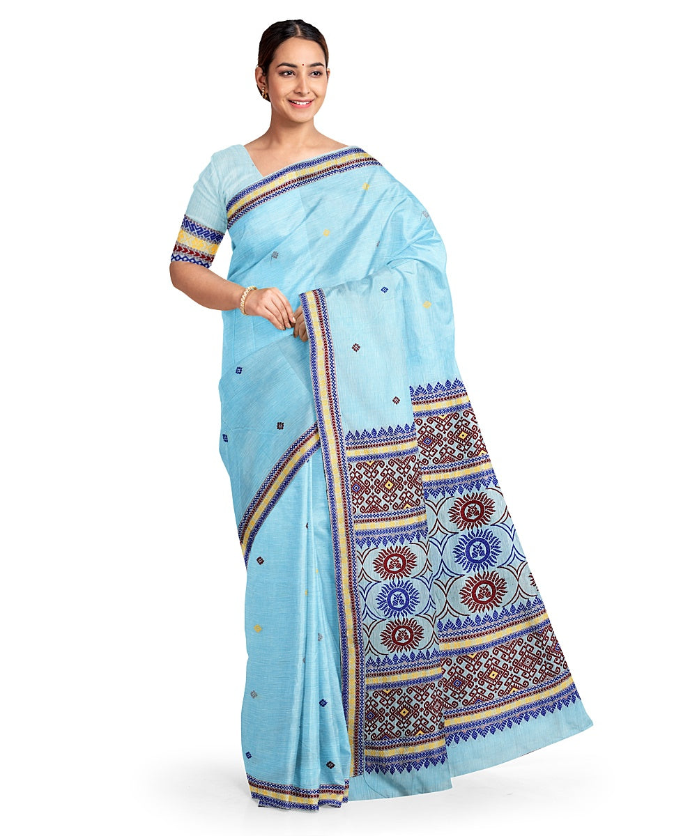 Sky blue brown cotton handloom assam saree