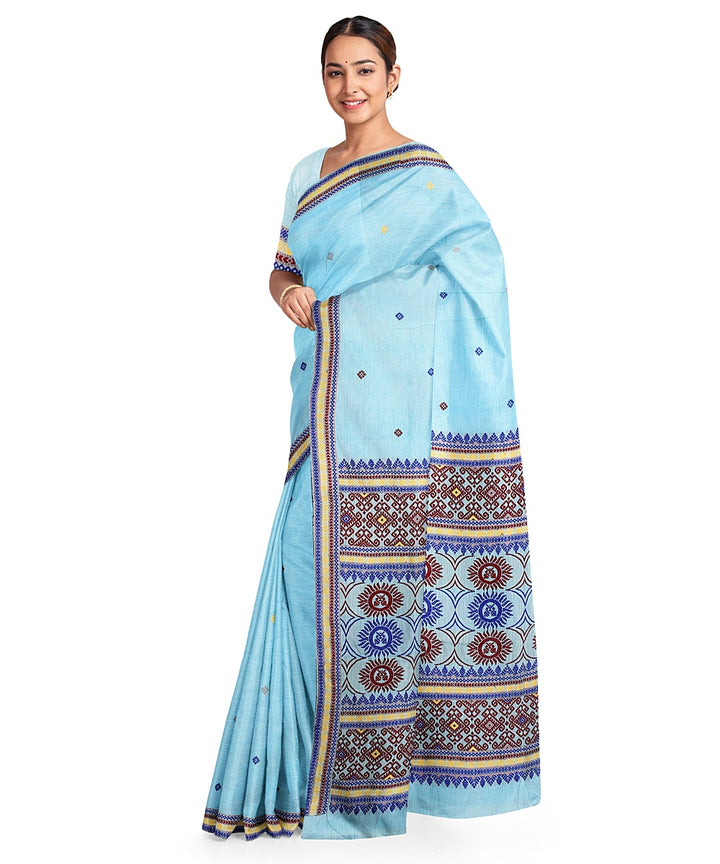 Sky blue brown cotton handloom assam saree