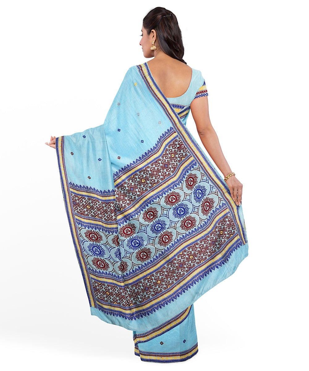 Sky blue brown cotton handloom assam saree