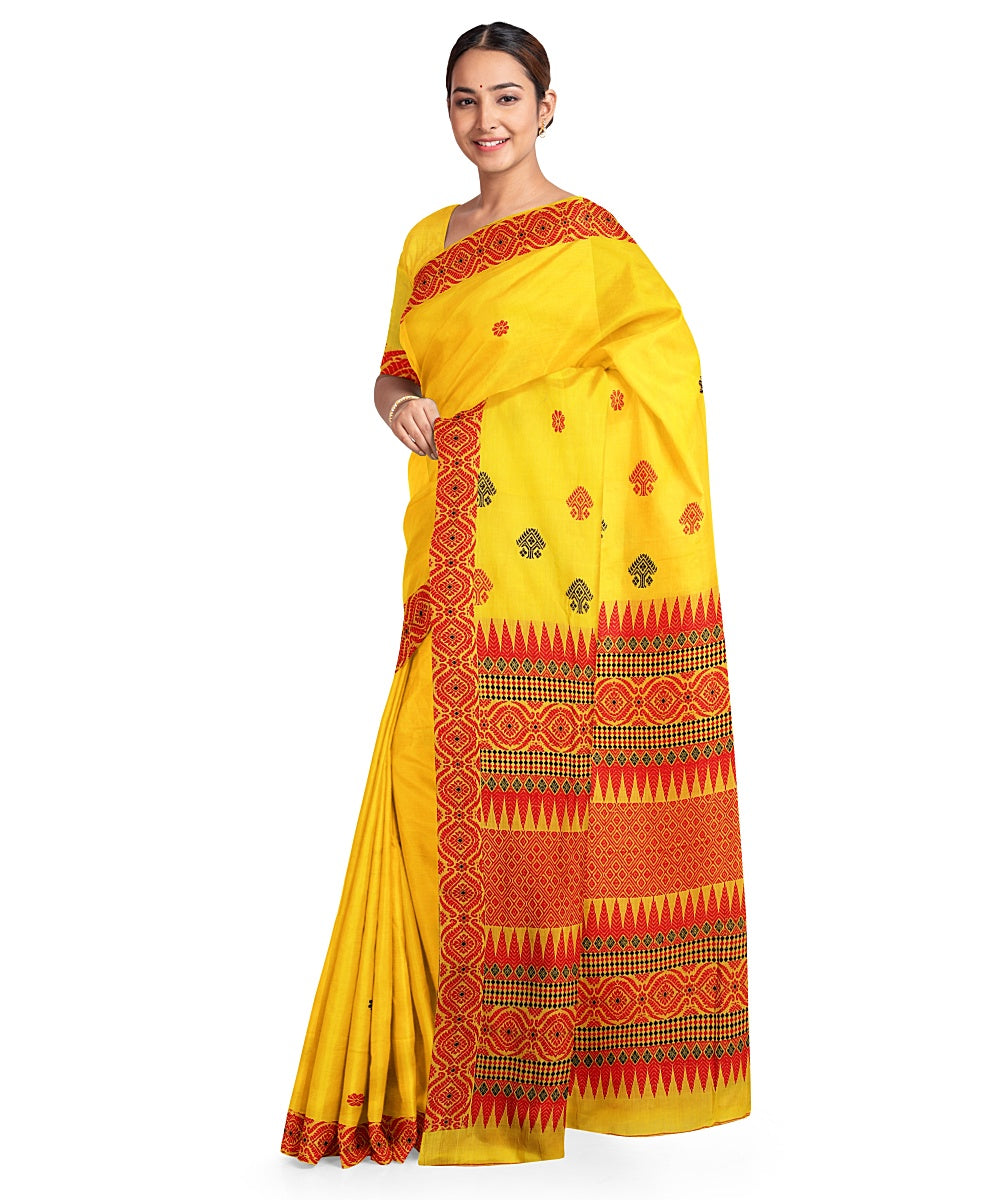 Yellow red handloom assam cotton saree