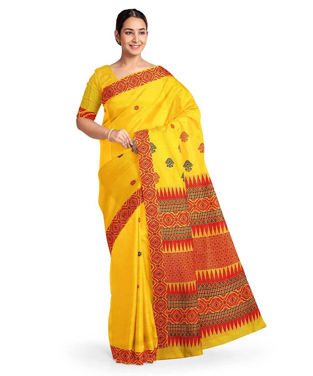 Yellow red handloom assam cotton saree