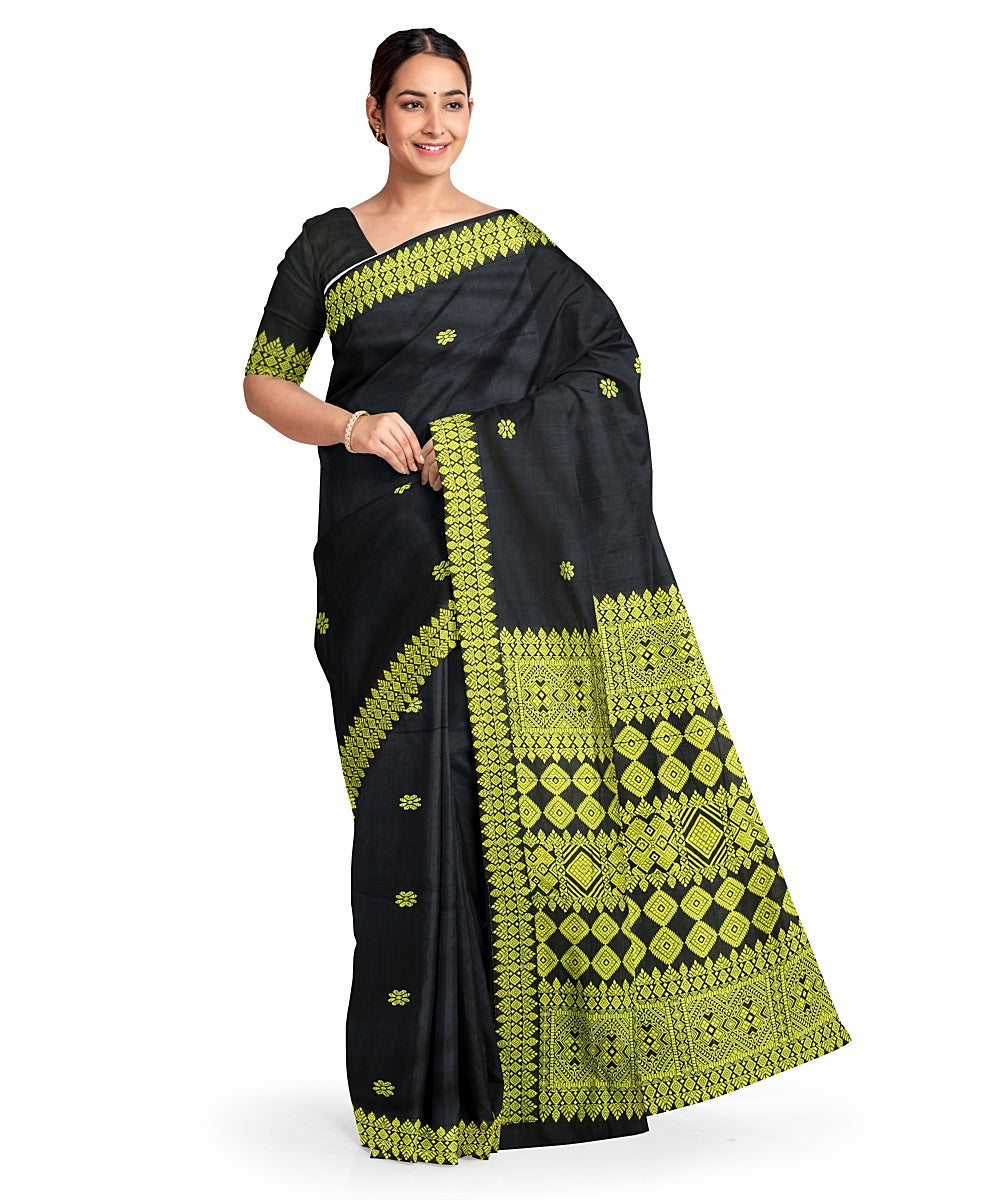 Navy blue yellow cotton handloom assam saree