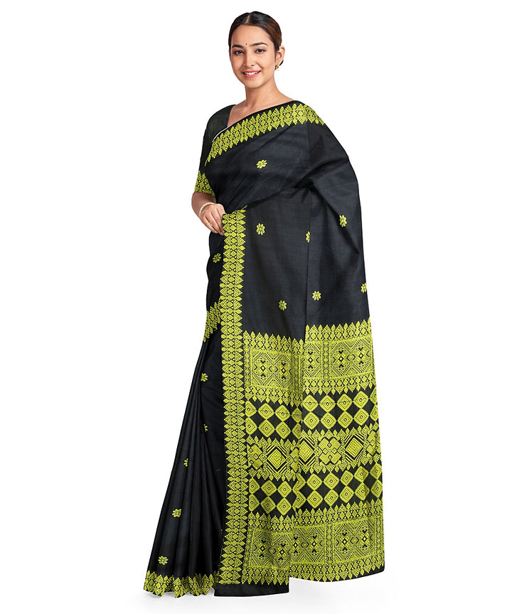 Navy blue yellow cotton handloom assam saree