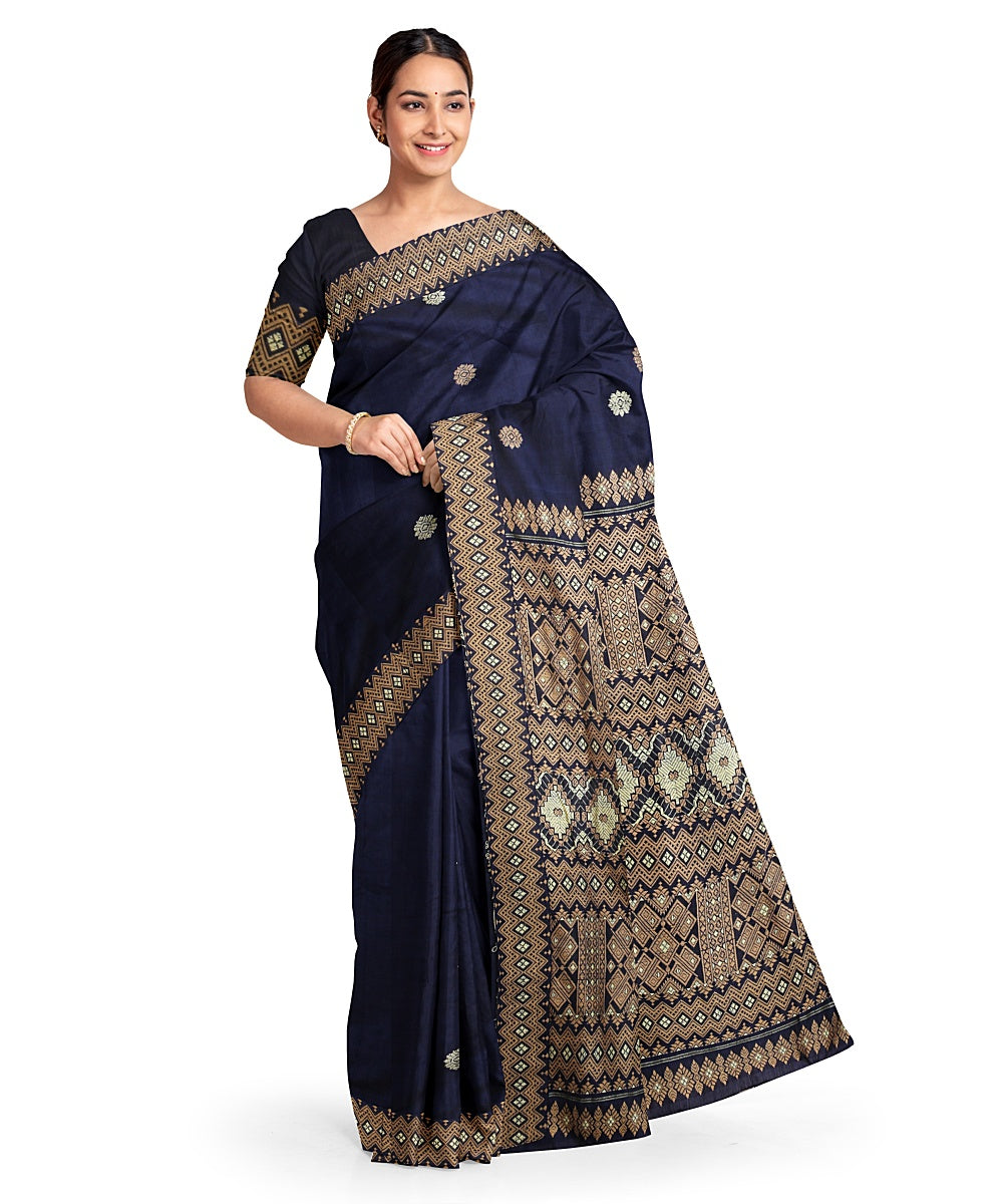 Navy blue grey cotton handloom assam saree