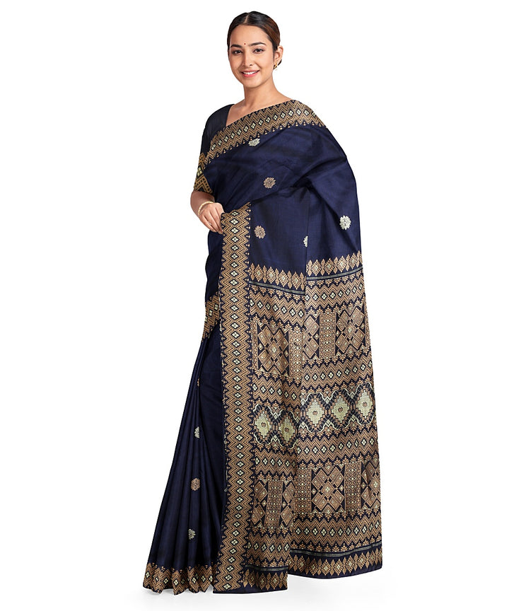 Navy blue grey cotton handloom assam saree