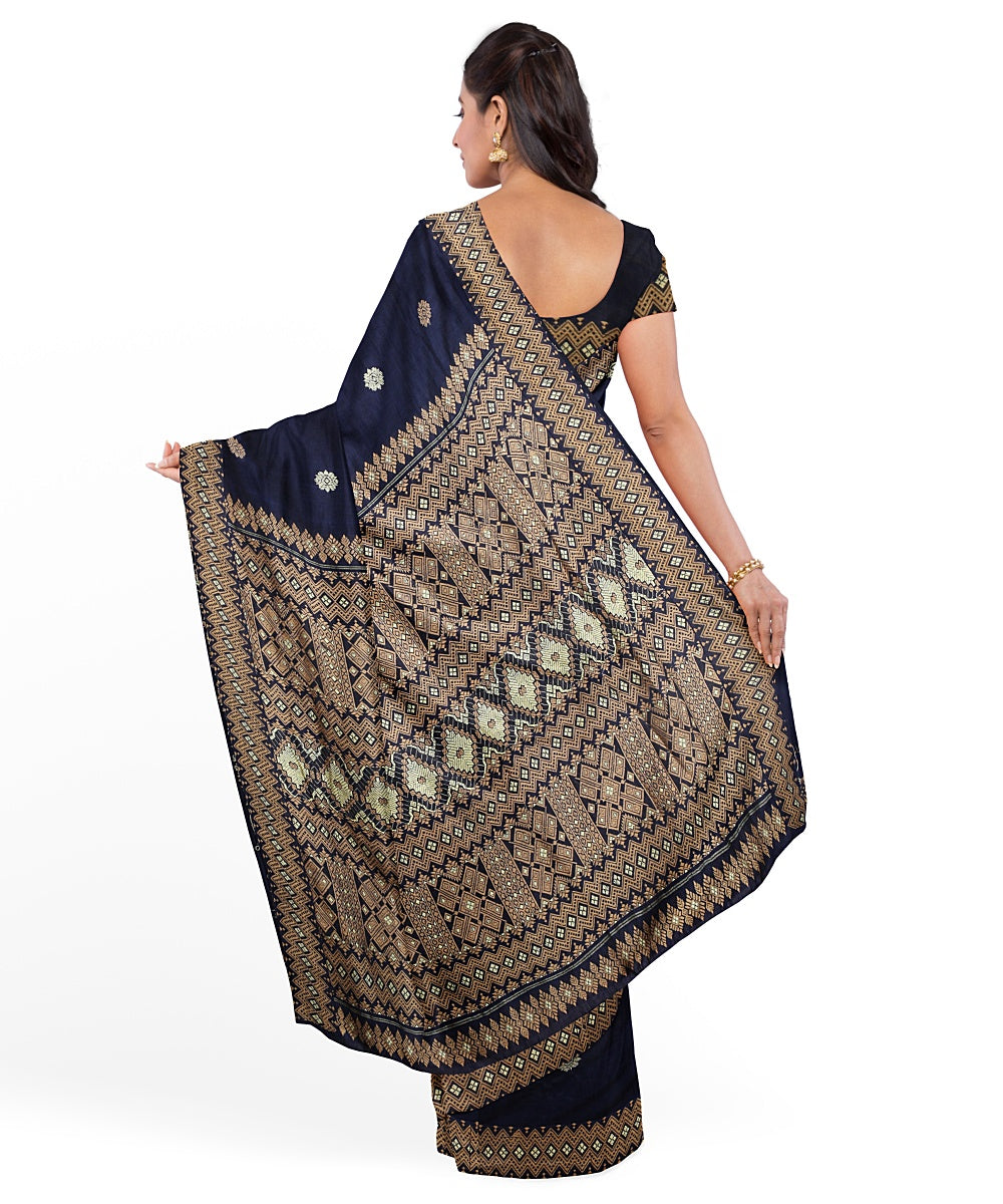 Navy blue grey cotton handloom assam saree