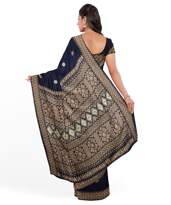 Navy blue grey cotton handloom assam saree