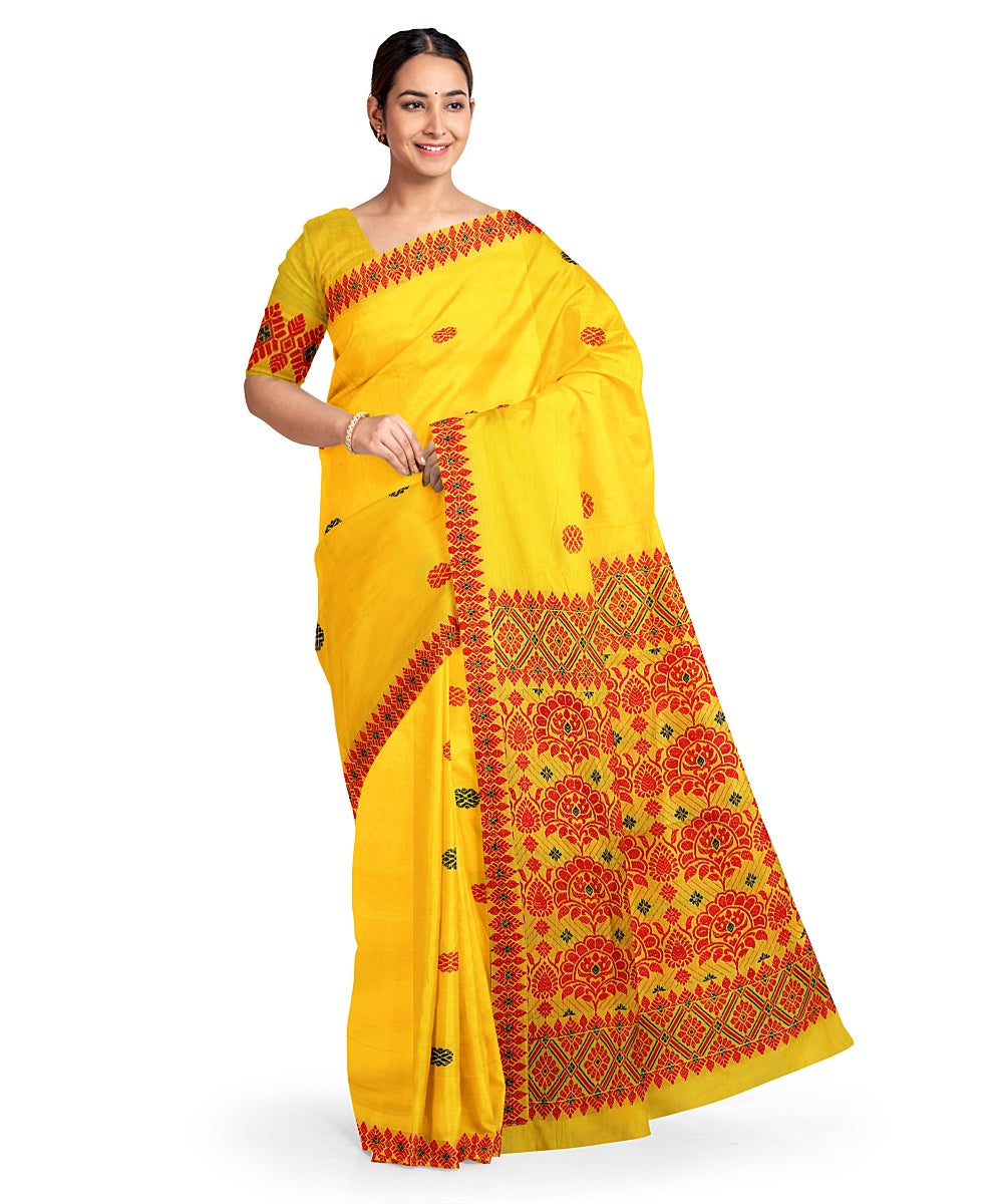 Yellow red cotton handloom assam saree