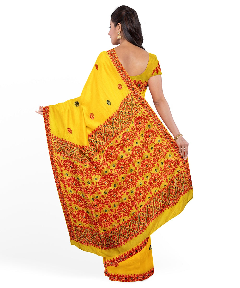 Yellow red cotton handloom assam saree