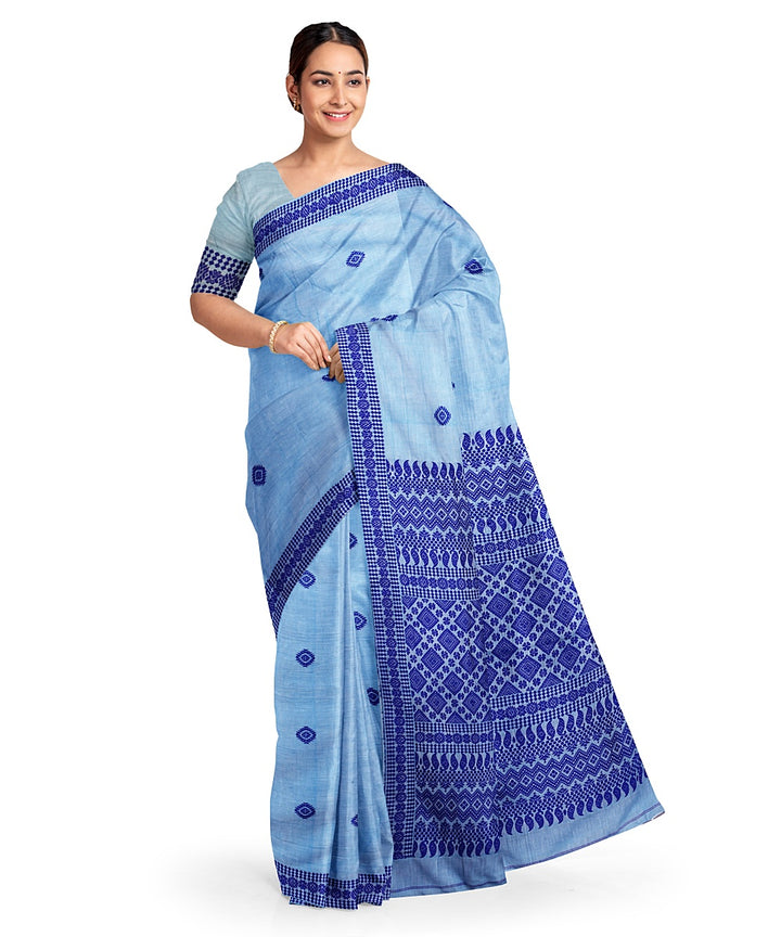 Sky blue blue cotton handloom assam saree