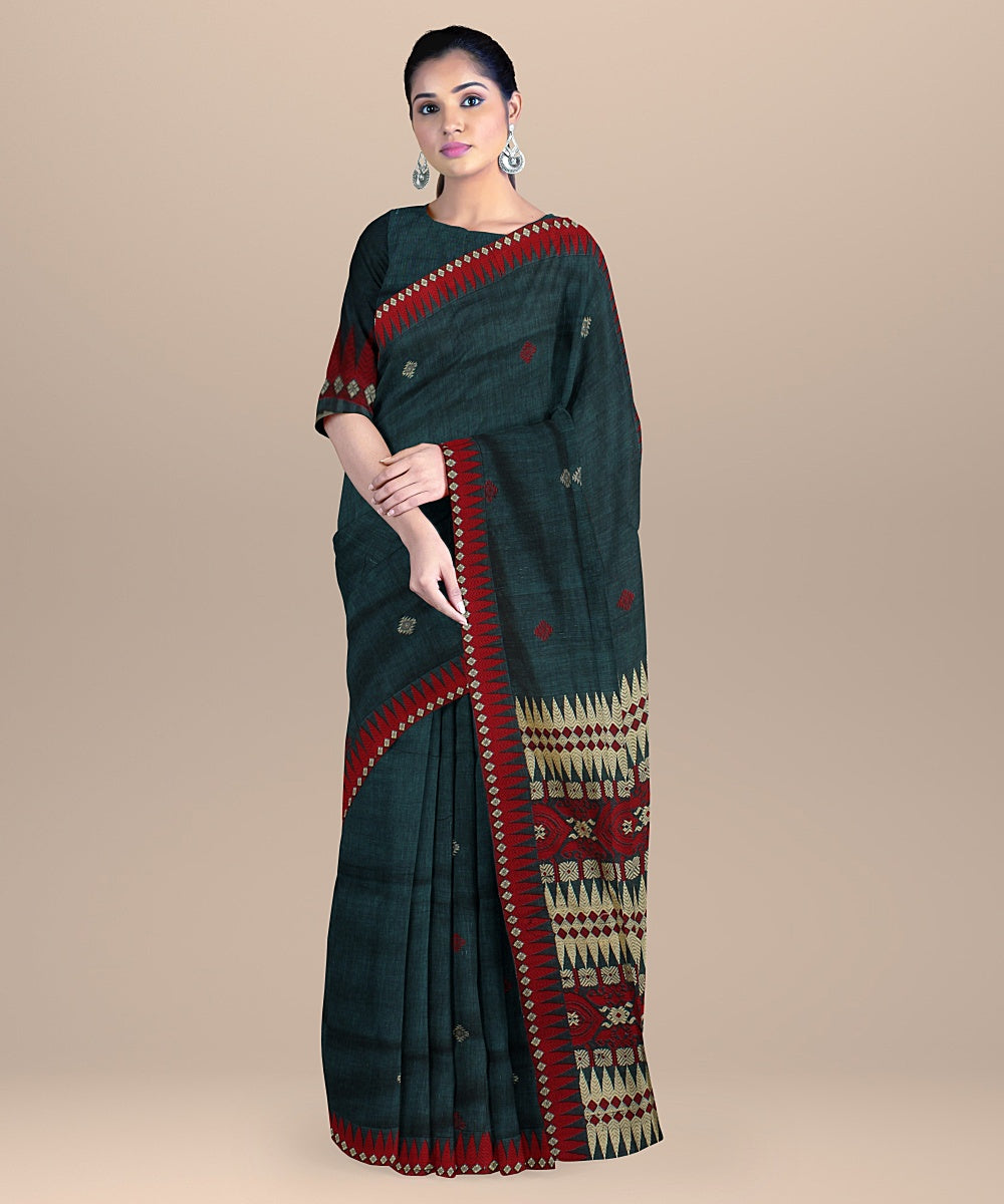 Dark green multicolor handloom assam cotton saree