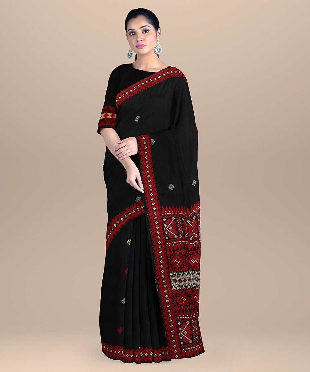 Black red cream handloom assam cotton saree