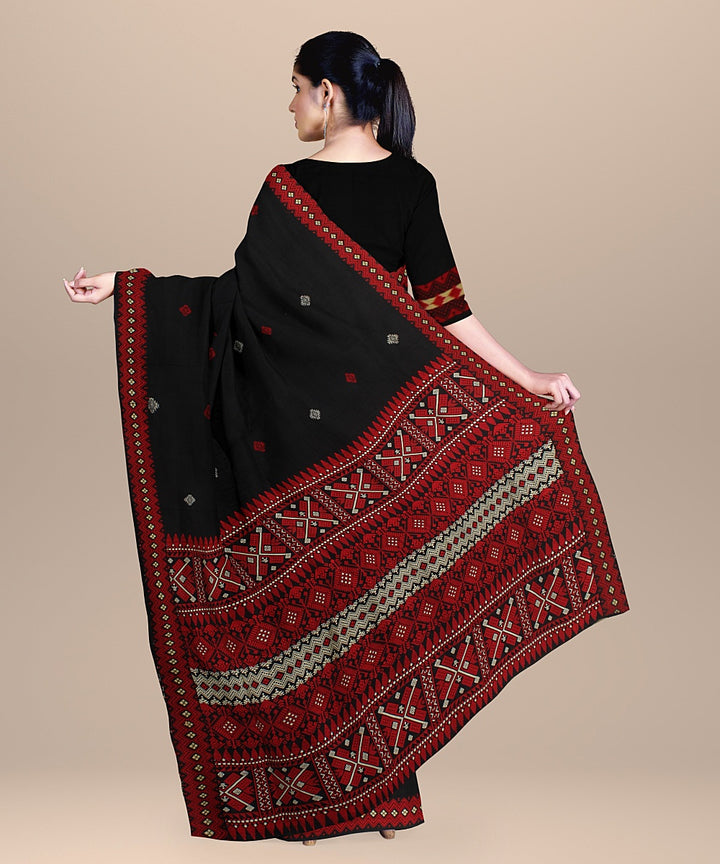 Black red cream handloom assam cotton saree