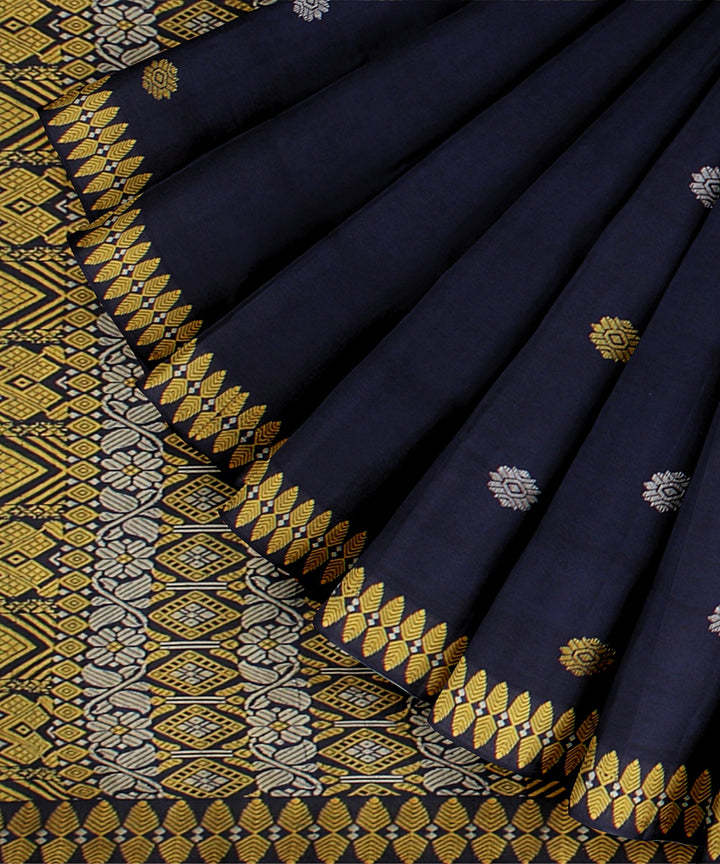 Navy blue yellow beige handloom assam cotton saree