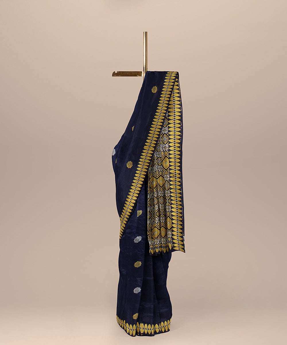 Navy blue yellow beige handloom assam cotton saree