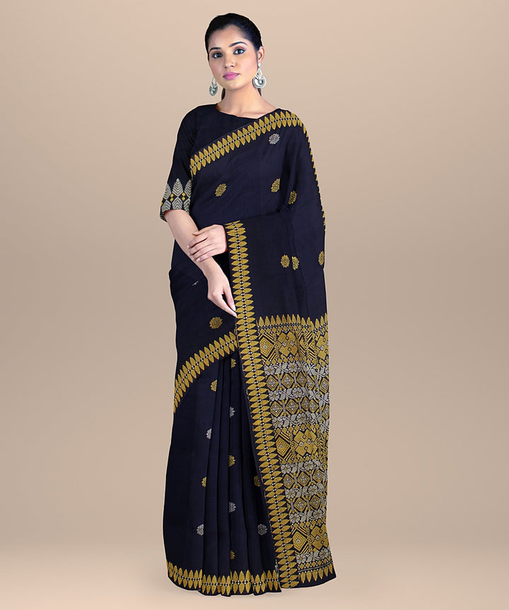 Navy blue yellow beige handloom assam cotton saree