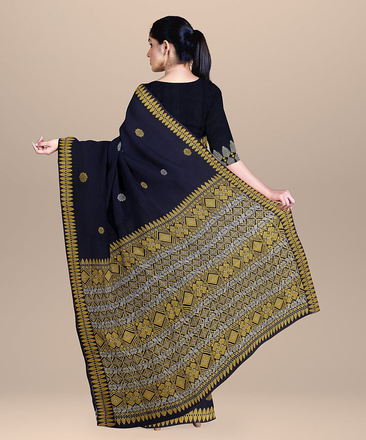 Navy blue yellow beige handloom assam cotton saree