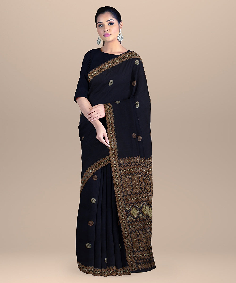 Navy blue beige handloom assam cotton saree