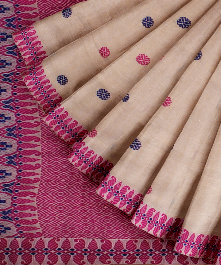 Cream barbie pink handloom assam cotton saree